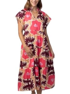 Crosby by Mollie Burch Pink Brown Tan Mod Poppy Watts Midi Dress Size Medium